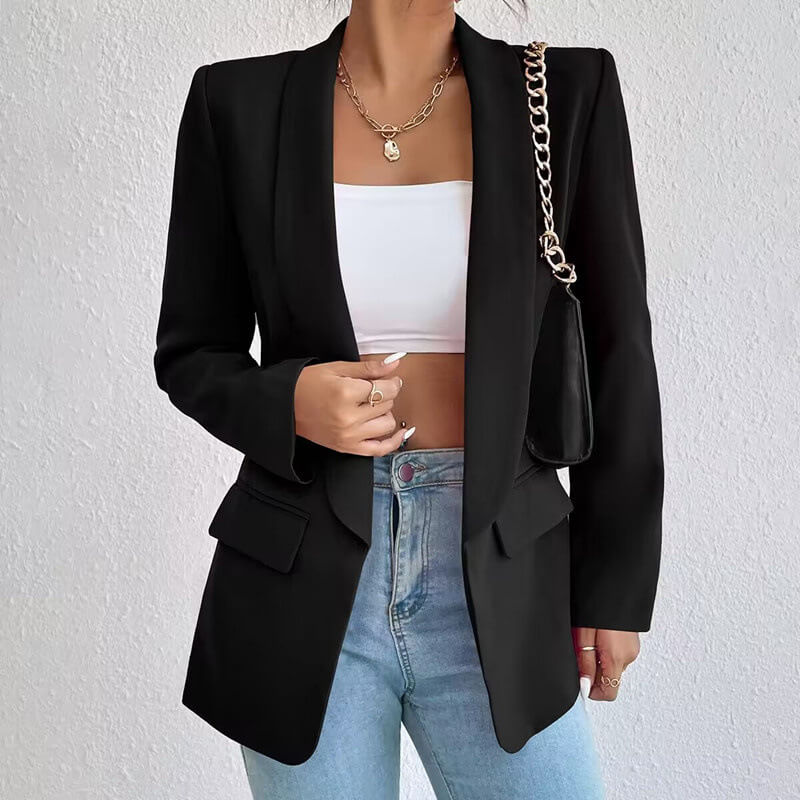 Open Front Shawl Collar Welt Pocket Longline Blazer