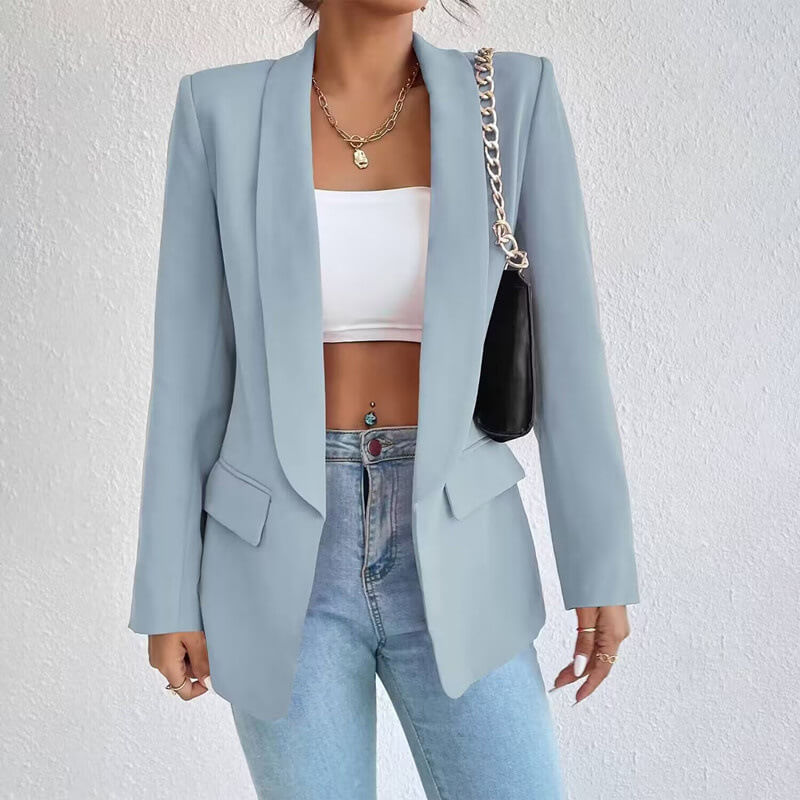 Open Front Shawl Collar Welt Pocket Longline Blazer