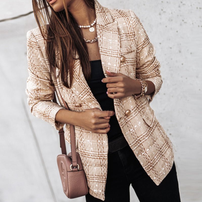 Plaid Tweed Double Breasted Gold Button Tailored Blazer
