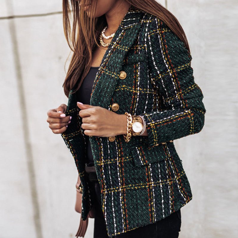 Plaid Tweed Double Breasted Gold Button Tailored Blazer