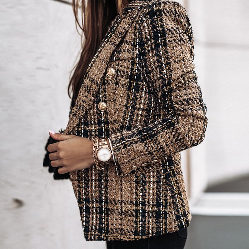 Plaid Tweed Double Breasted Gold Button Tailored Blazer