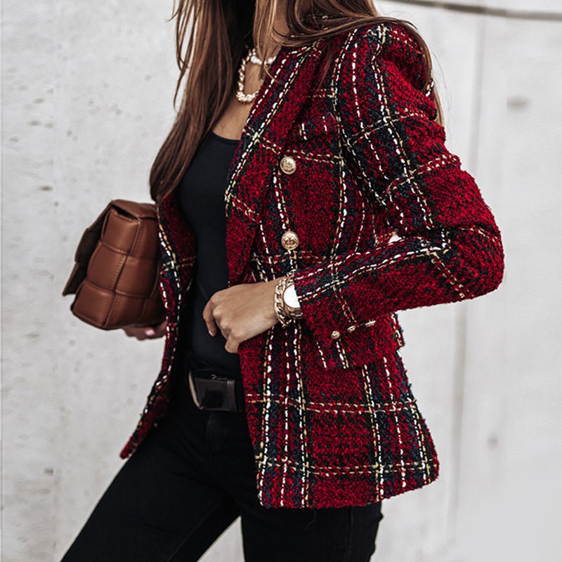 Plaid Tweed Double Breasted Gold Button Tailored Blazer