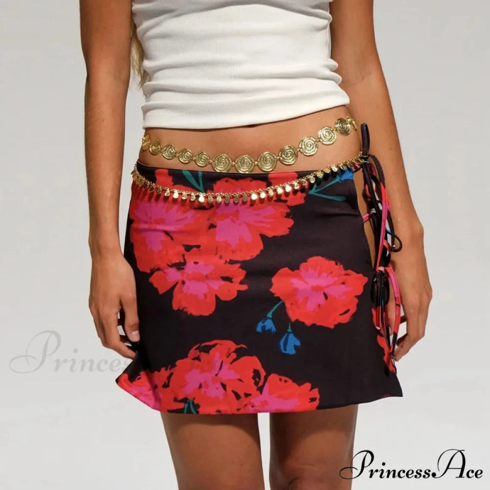 Multi-wear design Flower Pattern Mini Skirt Crop Tops Women Slim Low Waist Side Split Tie-Up Bodycon Skirt Y2K Vintage Streetwear