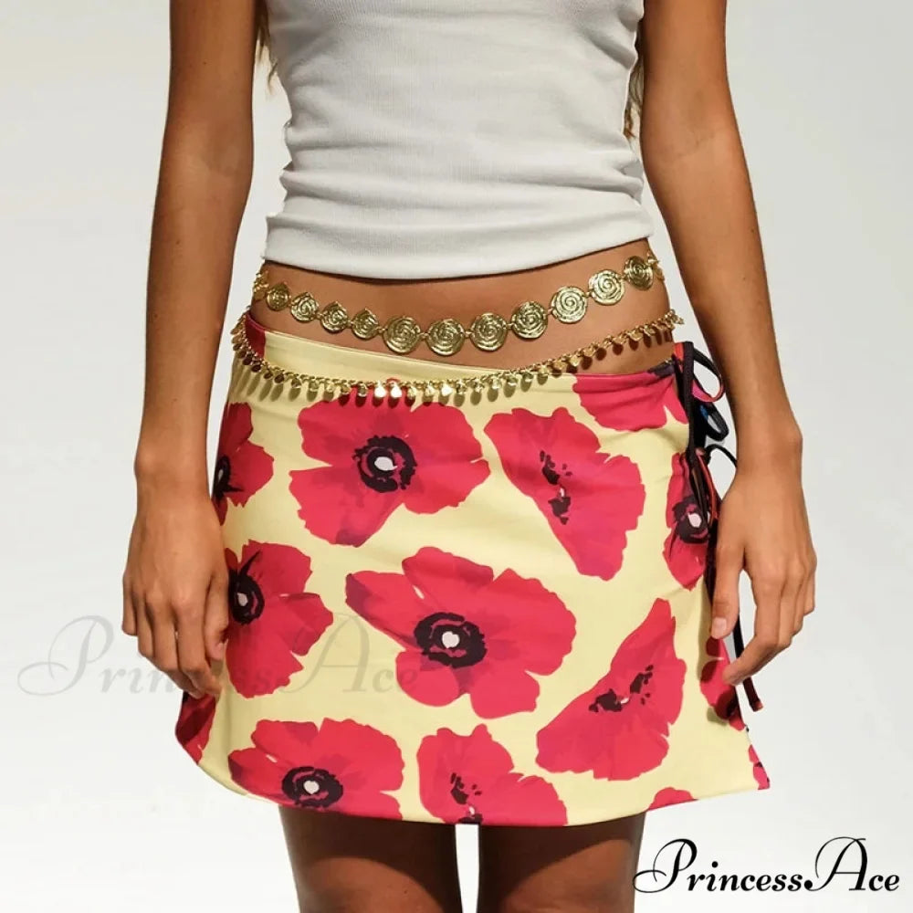 Multi-wear design Flower Pattern Mini Skirt Crop Tops Women Slim Low Waist Side Split Tie-Up Bodycon Skirt Y2K Vintage Streetwear