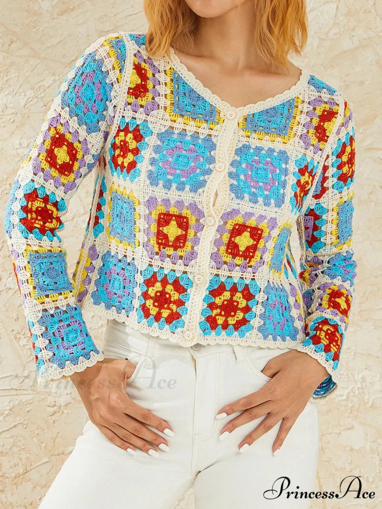 Multihued Y2K Baggy Crochet Knit Cardigan