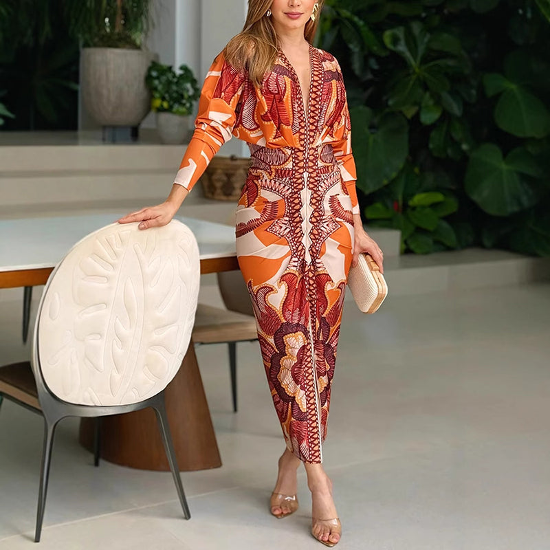 Abstract Print Deep V Neck Long Sleeve Bodycon Midi Dress