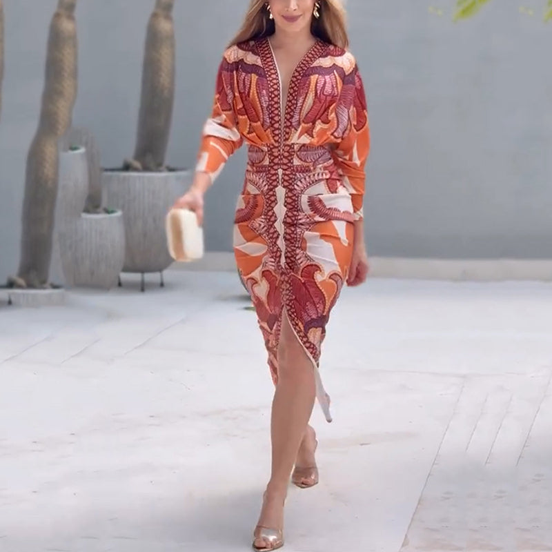 Abstract Print Deep V Neck Long Sleeve Bodycon Midi Dress
