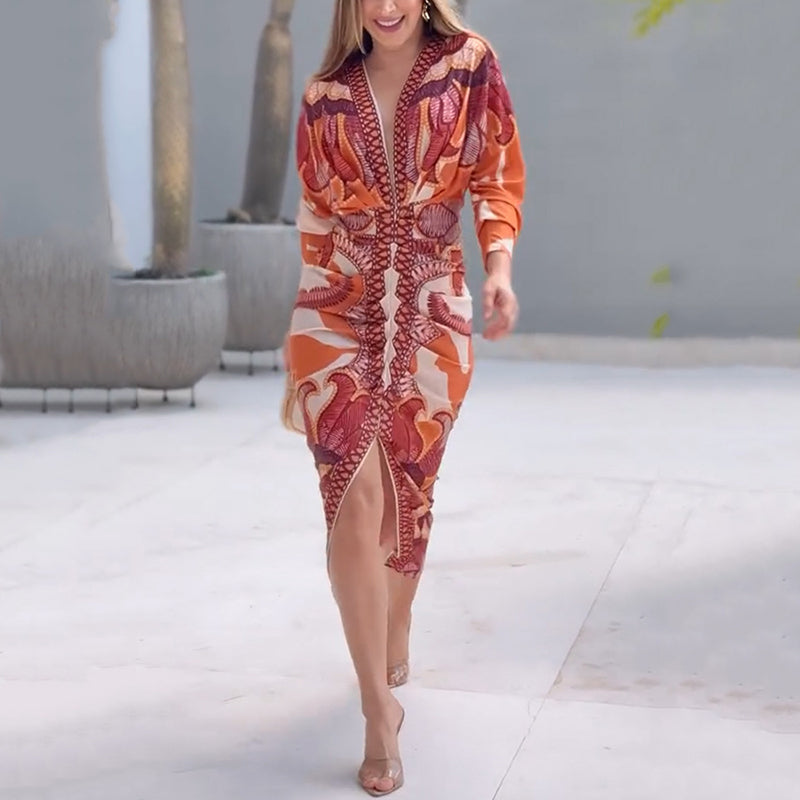 Abstract Print Deep V Neck Long Sleeve Bodycon Midi Dress