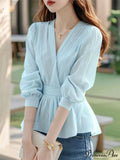 Narrowed Striped Lantern Sleeve Tunic Blouse