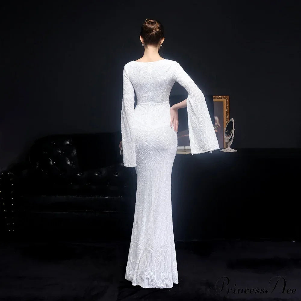 Woman wearing Open-Sleeve Sequined Mermaid Formal Gown from Hicosy — view 2