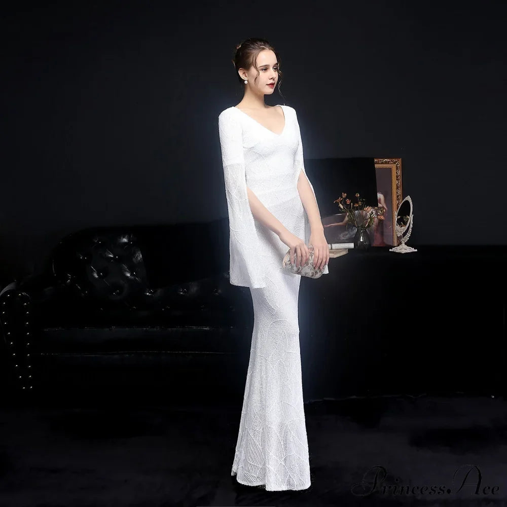 Woman wearing Open-Sleeve Sequined Mermaid Formal Gown from Hicosy — view 3