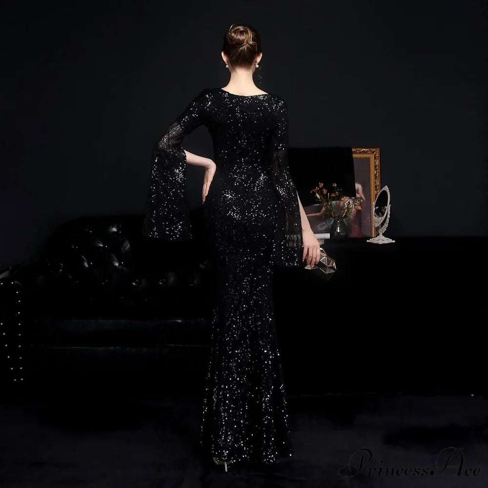 Woman wearing Open-Sleeve Sequined Mermaid Formal Gown from Hicosy — view 5