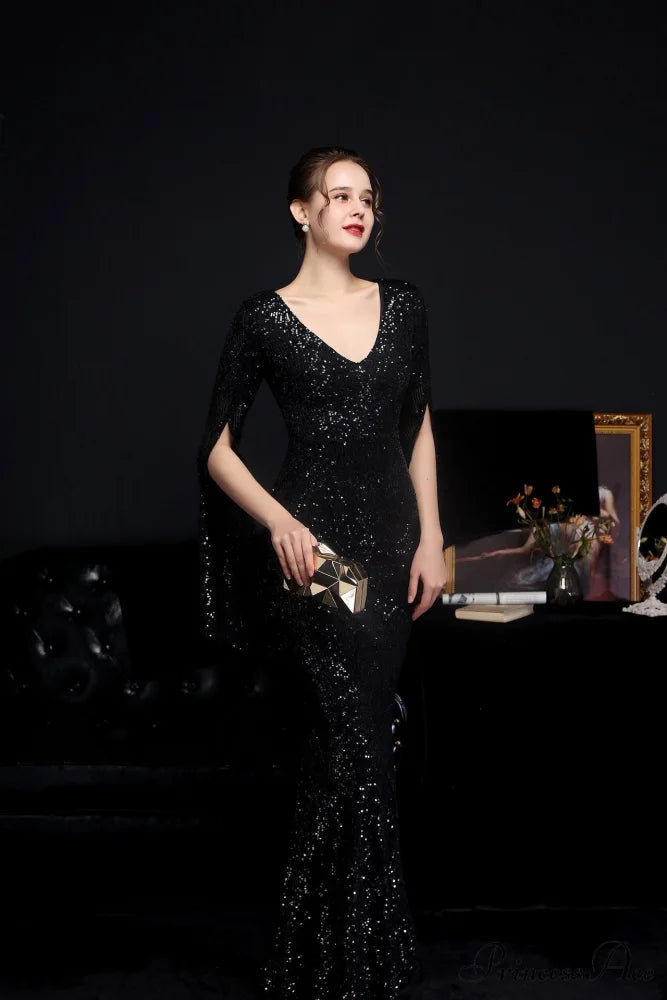 Woman wearing Open-Sleeve Sequined Mermaid Formal Gown from Hicosy — view 6