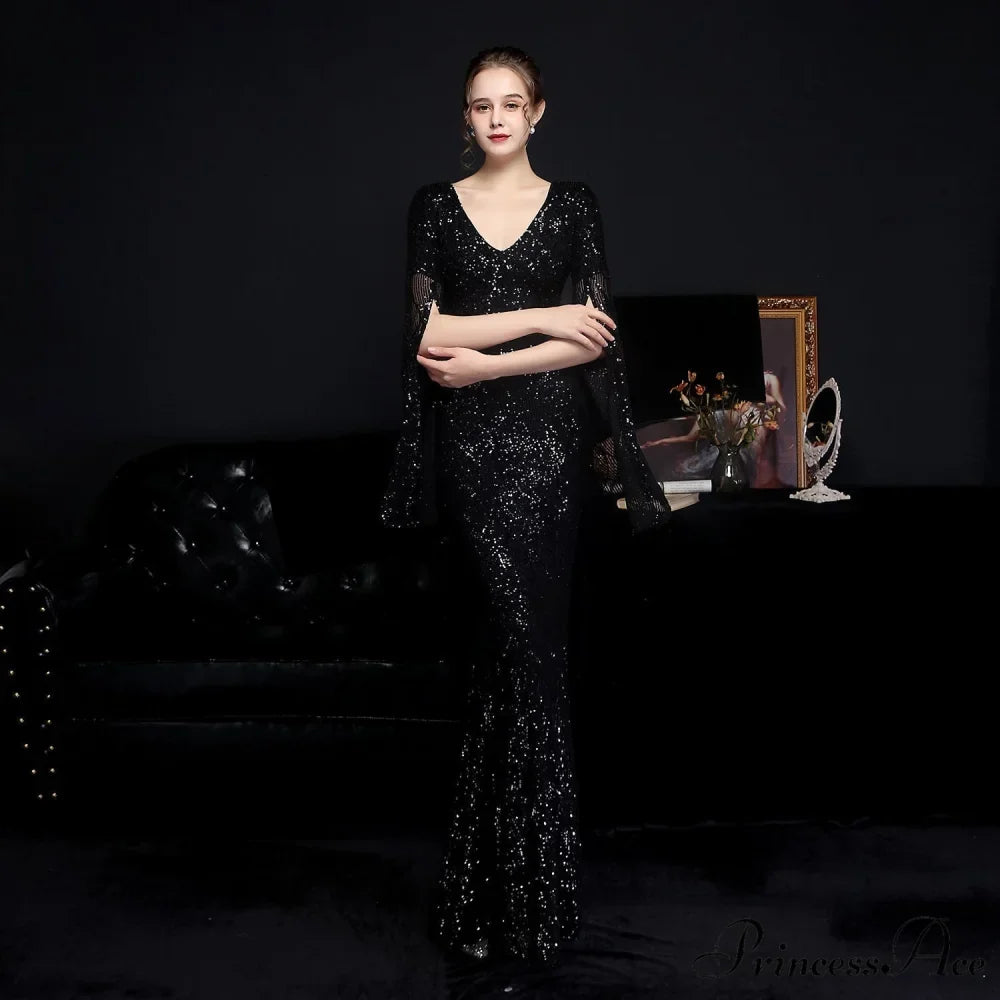 Woman wearing Open-Sleeve Sequined Mermaid Formal Gown from Hicosy — view 4