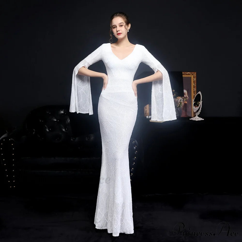 Woman wearing Open-Sleeve Sequined Mermaid Formal Gown from Hicosy