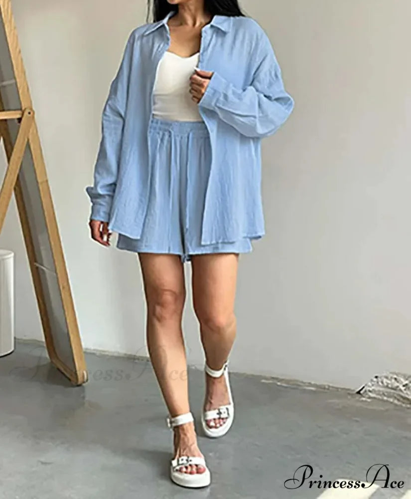 Woman wearing Navy Cotton Drawcord Shorts Set from Hicosy
