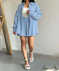 Woman wearing Navy Cotton Drawcord Shorts Set from Hicosy