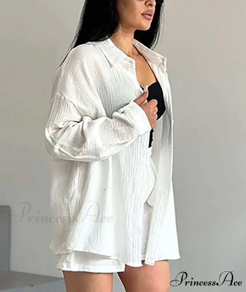 Woman wearing Navy Cotton Drawcord Shorts Set from Hicosy — view 2