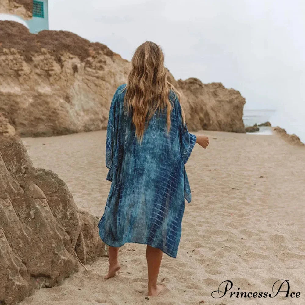 Navy Cotton Pattern Bohemian Kimono Swimsuit Cover Up