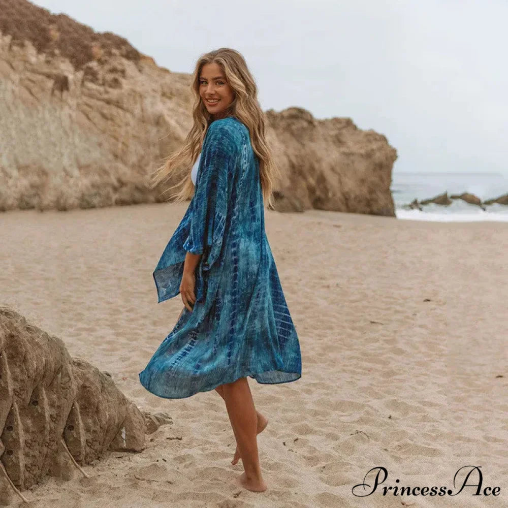 Navy Cotton Pattern Bohemian Kimono Swimsuit Cover Up