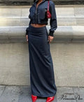 Woman wearing Navy Fastener Crop and Shorts Set from Hicosy