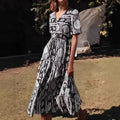 Navy Flower Pattern Frills Sleeve Rayon A-line Seaside Maxi Boho Dress