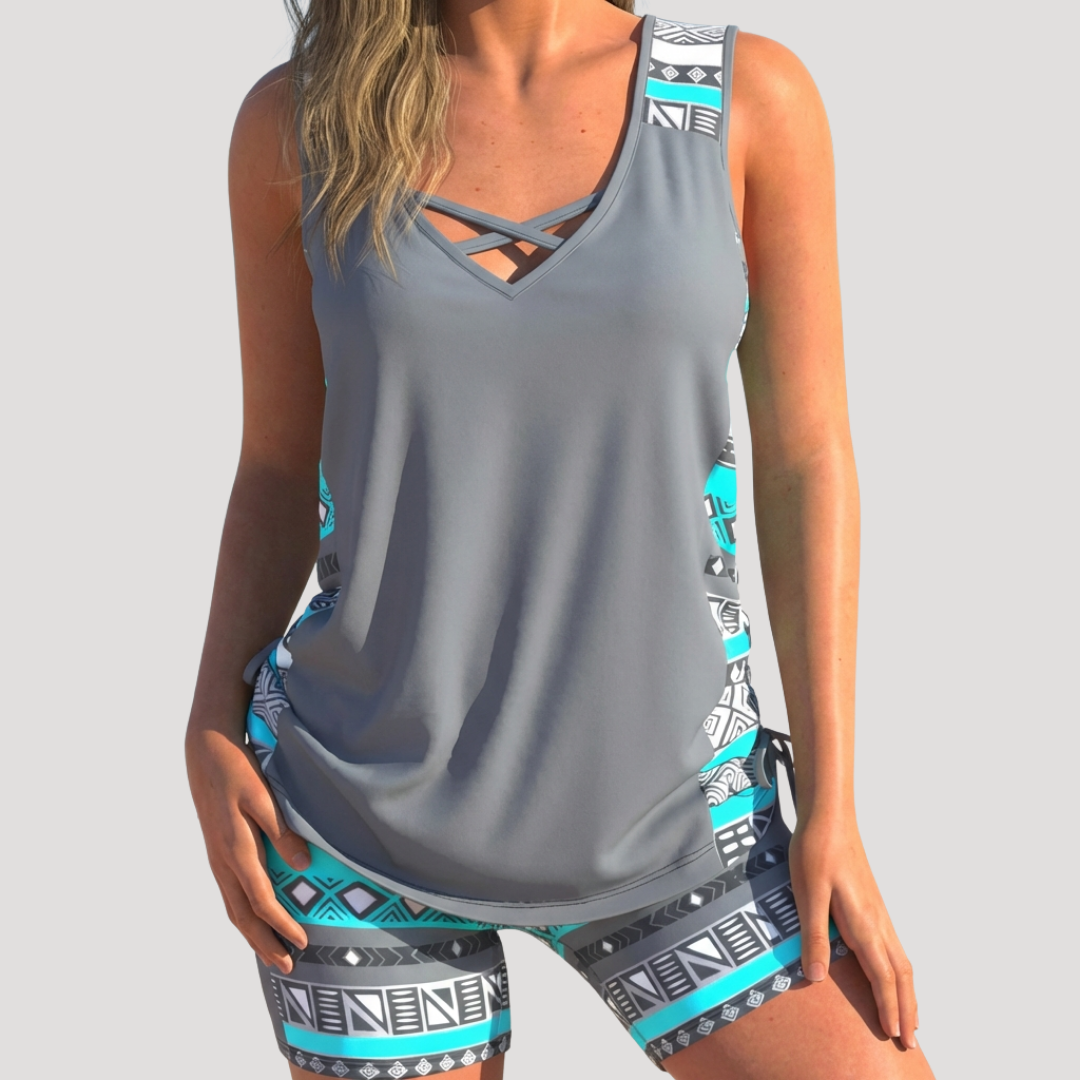 Geometric Print Crisscross V Neck Tankini with Short
