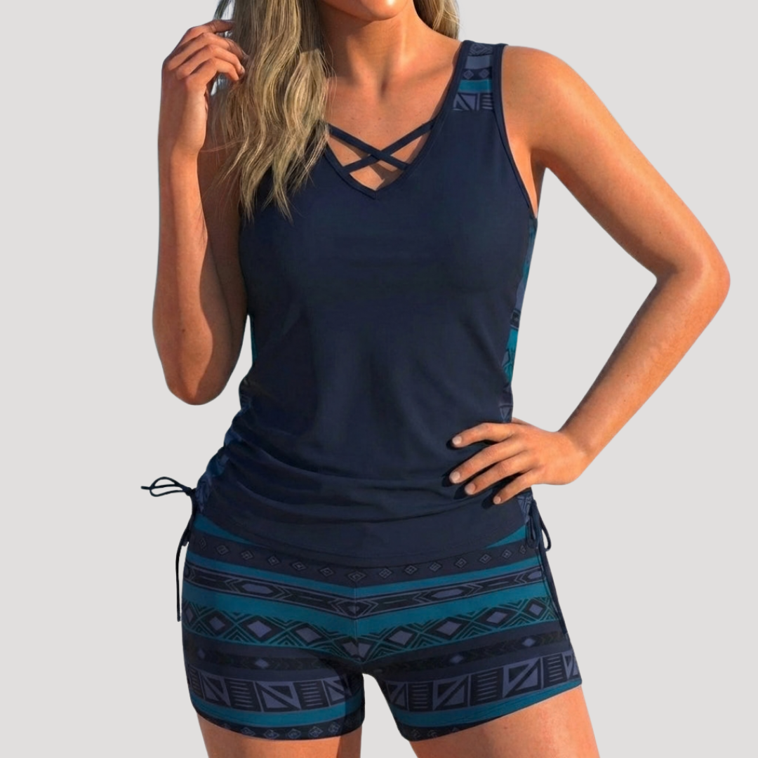 Geometric Print Crisscross V Neck Tankini with Short