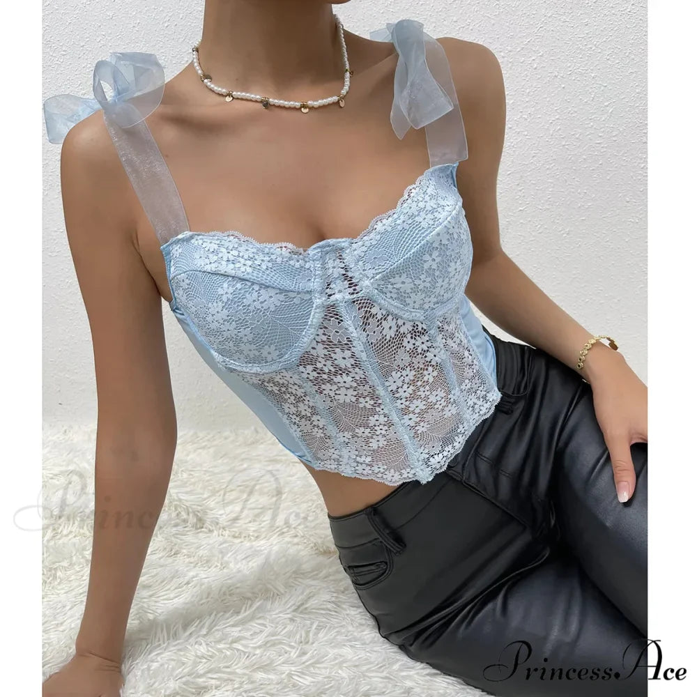 Net Bow Flower Corset Fishbone Crop Top