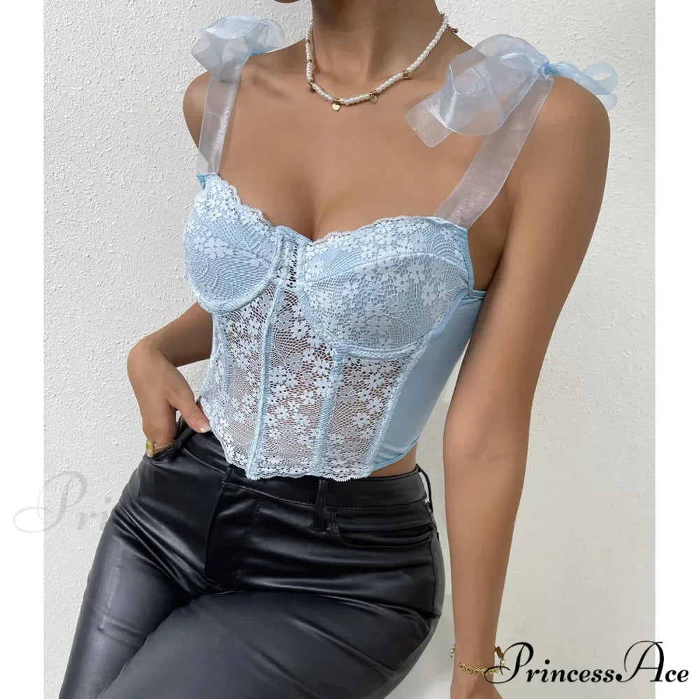 Net Bow Flower Corset Fishbone Crop Top