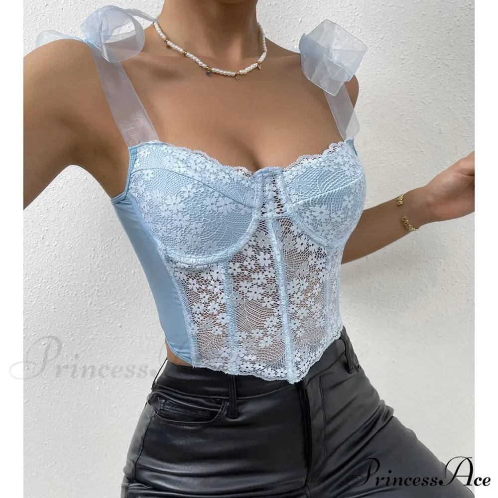 Net Bow Flower Corset Fishbone Crop Top