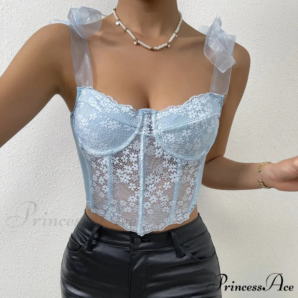 Net Bow Flower Corset Fishbone Crop Top