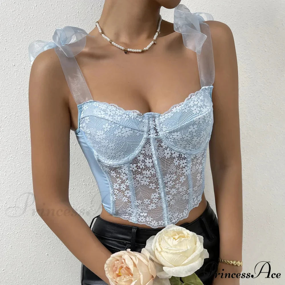 Net Bow Flower Corset Fishbone Crop Top