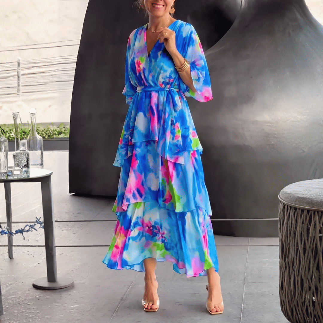 Abstract Print V Neck Tiered Ruffle Flowy Maxi Dress - Wedding Guest