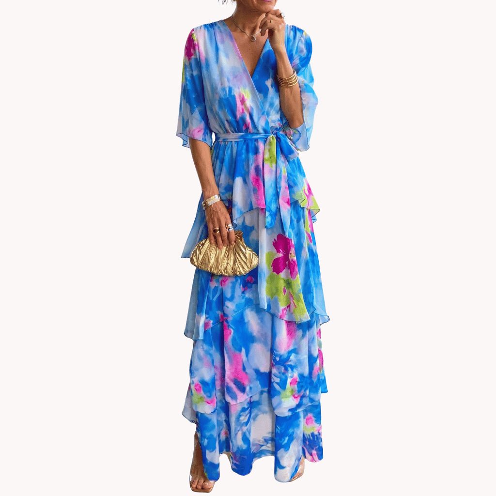 Abstract Print V Neck Tiered Ruffle Flowy Maxi Dress - Wedding Guest