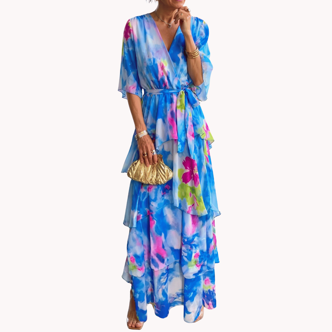 Abstract Print V Neck Tiered Ruffle Flowy Maxi Dress - Wedding Guest