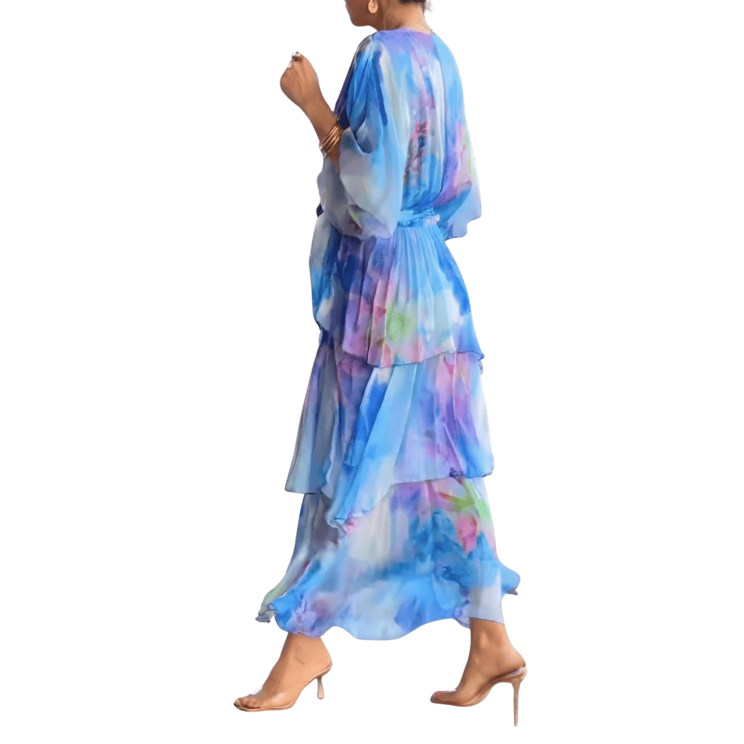 Abstract Print V Neck Tiered Ruffle Flowy Maxi Dress - Wedding Guest
