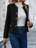 Gold Button Textured Tweed Collarless Cropped Jacket