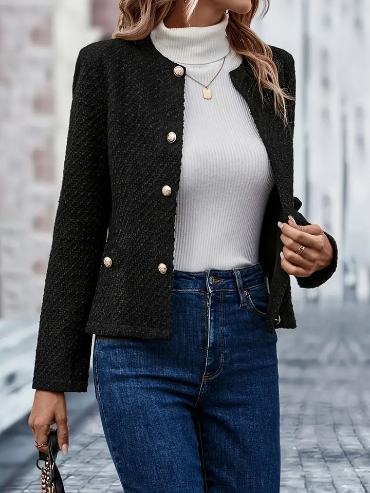 Gold Button Textured Tweed Collarless Cropped Jacket