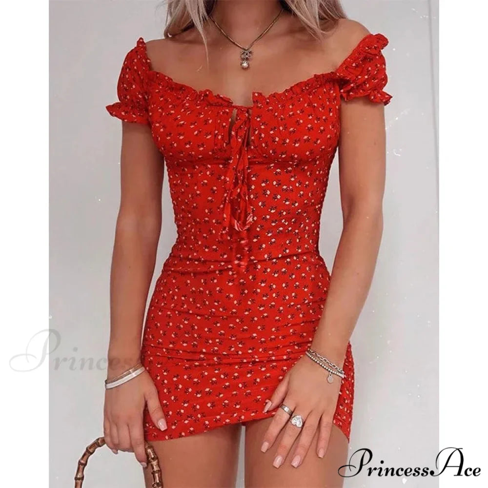 Off Shoulder Bind-Up Flower Pattern Frill Flower Dress