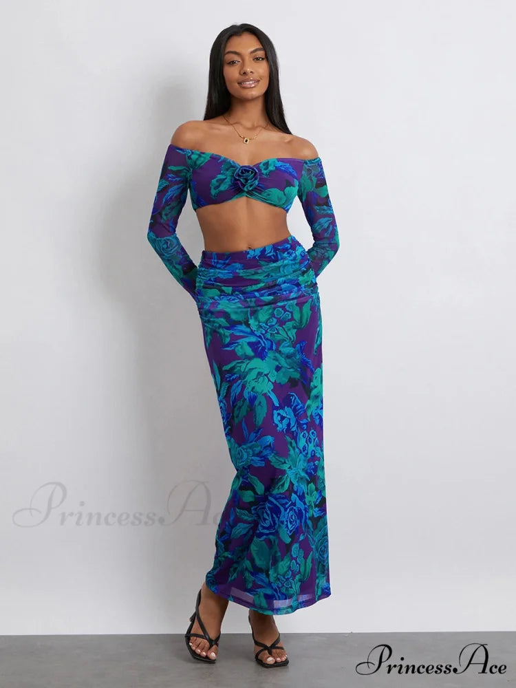 Off-Shoulder Crop Top High Waist Long Floral Skirt

Modified Title: Off-The-Shoulder Cropped Blouse Tall Waist Lengthy Flowered Skirt
