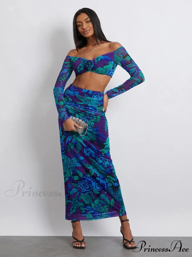 Off-Shoulder Crop Top High Waist Long Floral Skirt

Modified Title: Off-The-Shoulder Cropped Blouse Tall Waist Lengthy Flowered Skirt