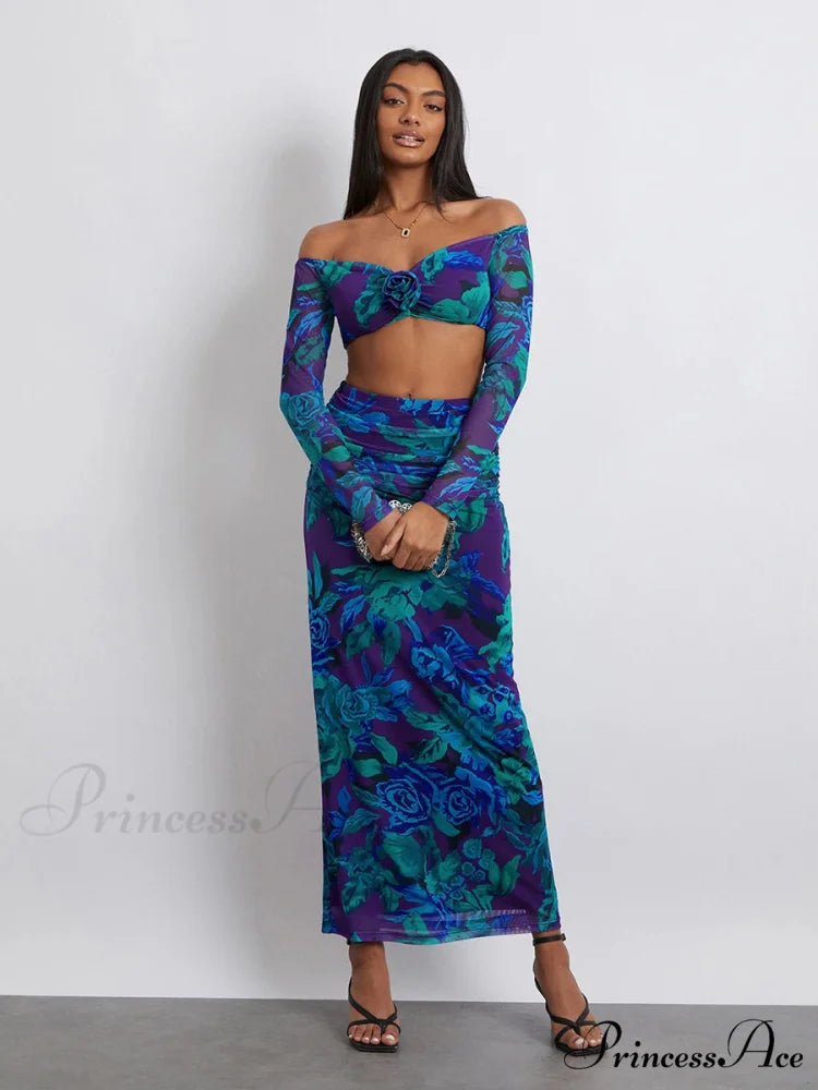 Off-Shoulder Crop Top High Waist Long Floral Skirt

Modified Title: Off-The-Shoulder Cropped Blouse Tall Waist Lengthy Flowered Skirt