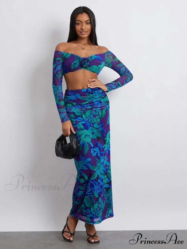 Off-Shoulder Crop Top High Waist Long Floral Skirt

Modified Title: Off-The-Shoulder Cropped Blouse Tall Waist Lengthy Flowered Skirt