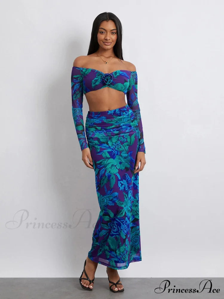 Off-Shoulder Crop Top High Waist Long Floral Skirt

Modified Title: Off-The-Shoulder Cropped Blouse Tall Waist Lengthy Flowered Skirt