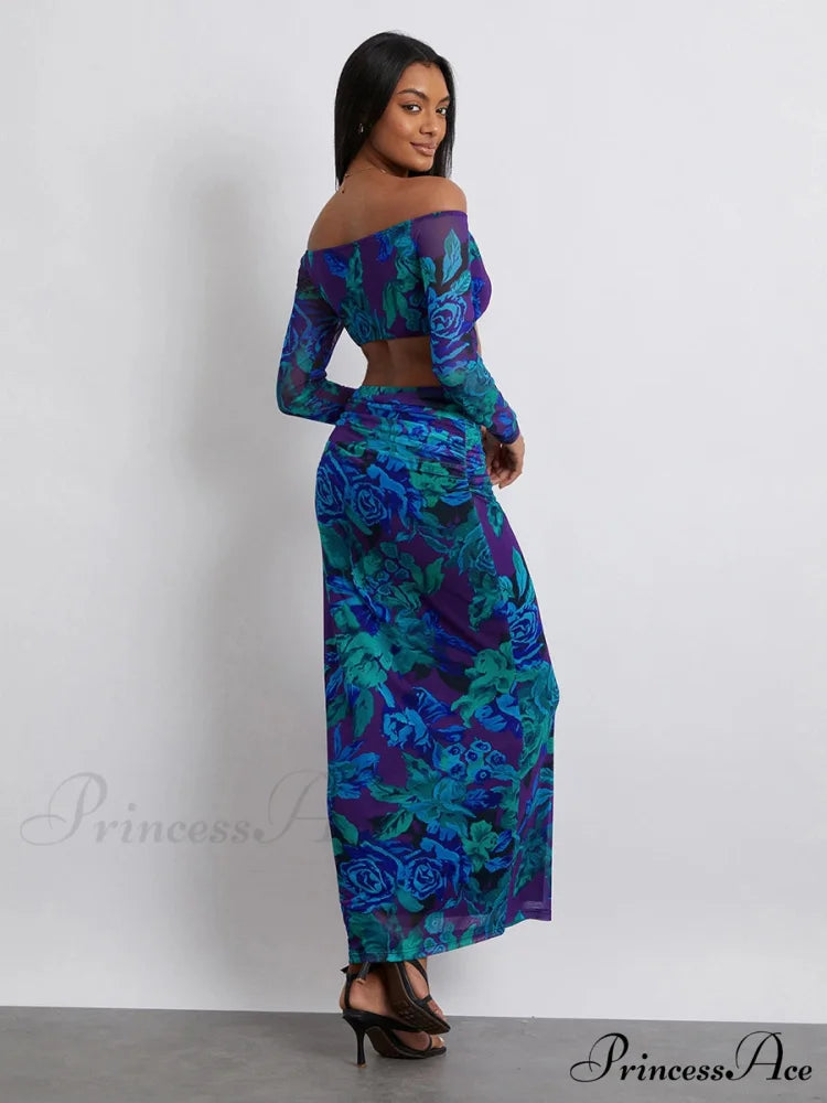 Off-Shoulder Crop Top High Waist Long Floral Skirt

Modified Title: Off-The-Shoulder Cropped Blouse Tall Waist Lengthy Flowered Skirt