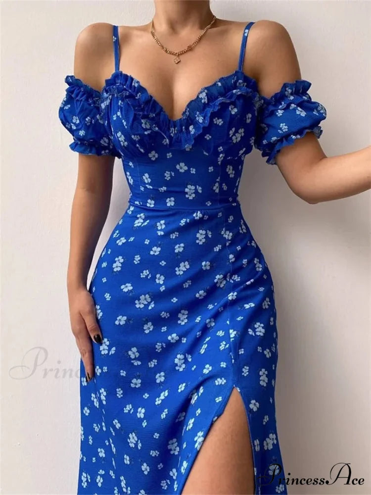 Off-Shoulder Frilly Suspender Short Sleeve Split Mid-Length A-Line Floral Dress

Modified Title: Off-The-Shoulder Ruffled Suspenders Short Sleeves Split Midi A-Line Floral Dress