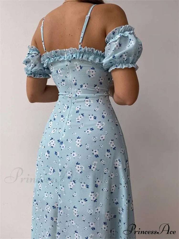 Off-Shoulder Frilly Suspender Short Sleeve Split Mid-Length A-Line Floral Dress

Modified Title: Off-The-Shoulder Ruffled Suspenders Short Sleeves Split Midi A-Line Floral Dress