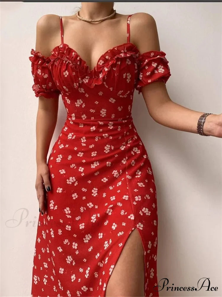 Off-Shoulder Frilly Suspender Short Sleeve Split Mid-Length A-Line Floral Dress

Modified Title: Off-The-Shoulder Ruffled Suspenders Short Sleeves Split Midi A-Line Floral Dress
