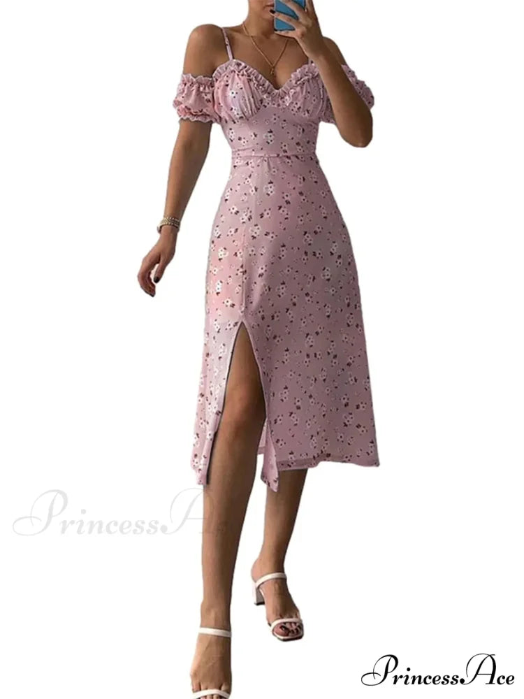 Off-Shoulder Frilly Suspender Short Sleeve Split Mid-Length A-Line Floral Dress

Modified Title: Off-The-Shoulder Ruffled Suspenders Short Sleeves Split Midi A-Line Floral Dress